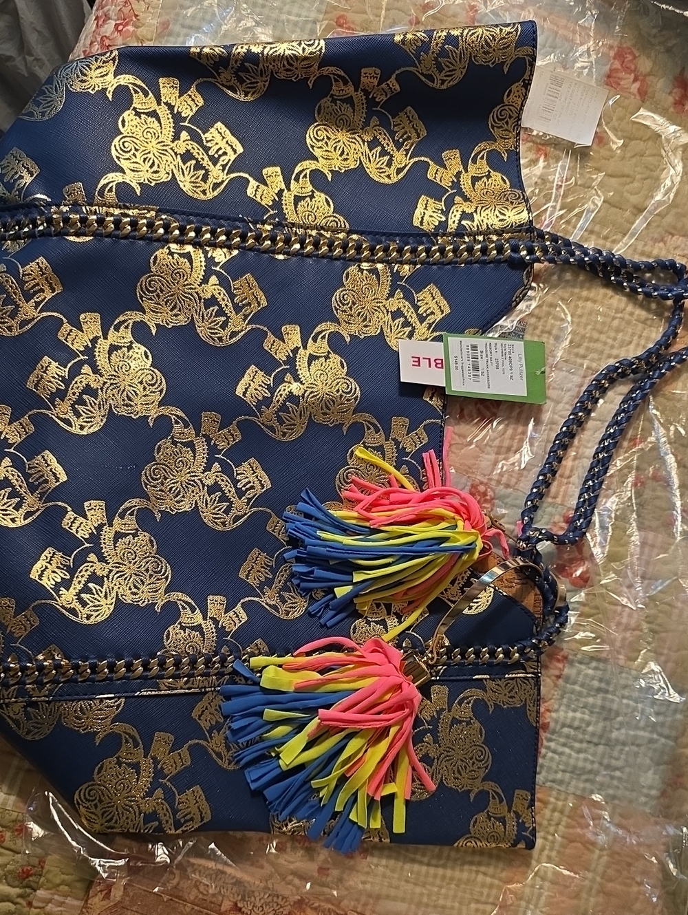 Lilly Pulitzer NWT Navy and Gold Reversible Tote with Neon Tassels